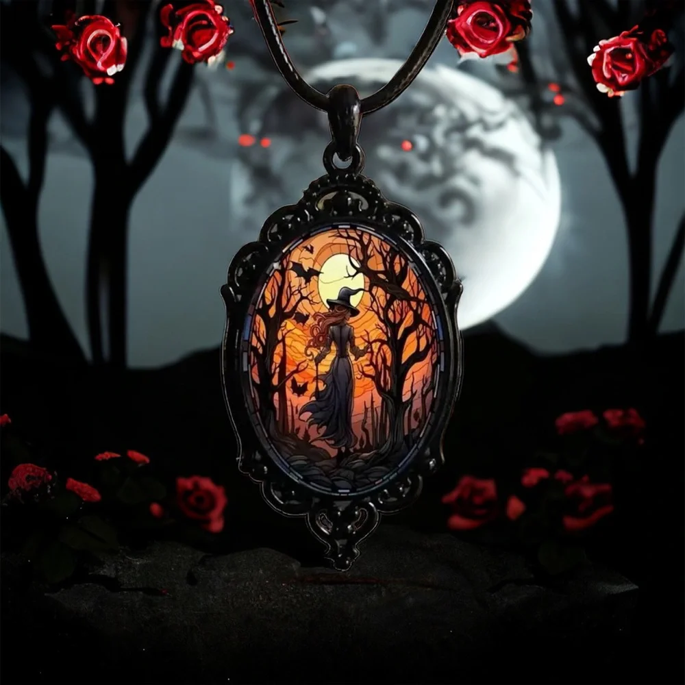 Retro Style Bat Witch Pendant Cameo Black Pendant  Necklace Gothic Glass Pendant